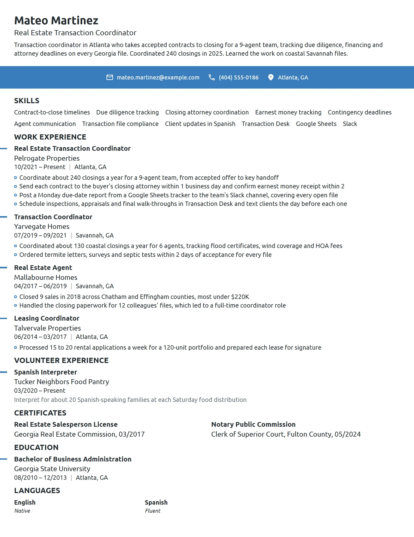 Real Estate Transaction Coordinator resume example