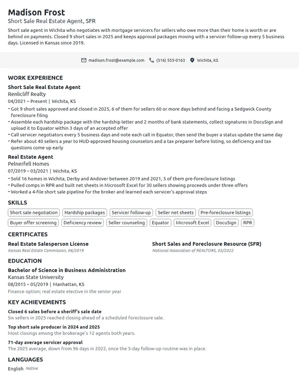 Short Sale Real Estate Agent resume example