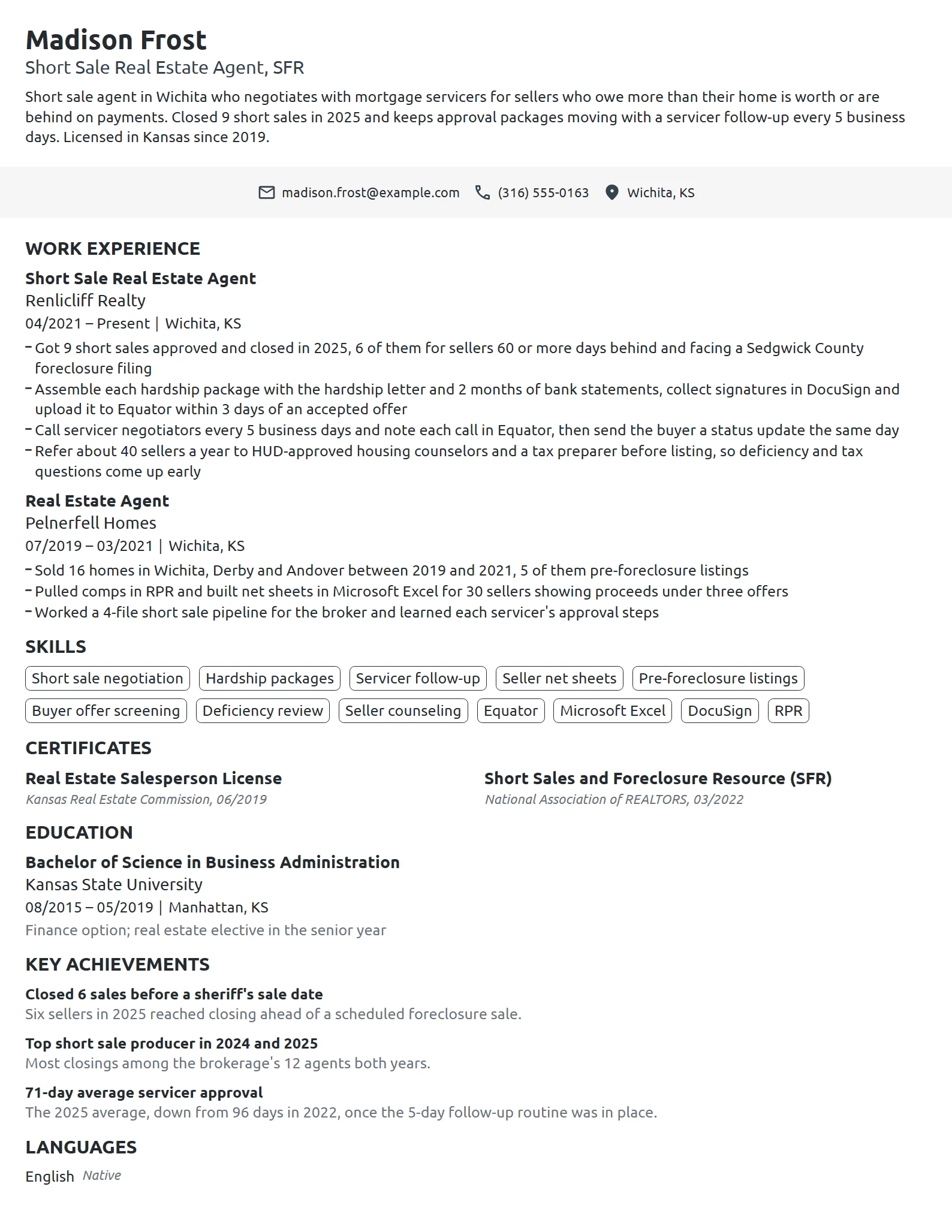 Short Sale Real Estate Agent resume example