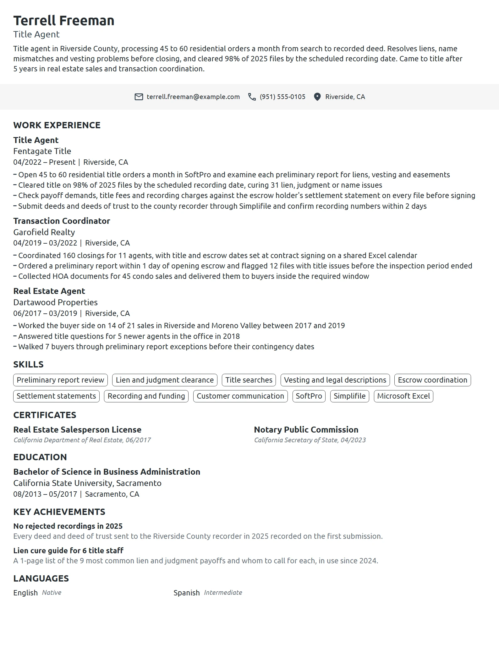 Title Agent resume example