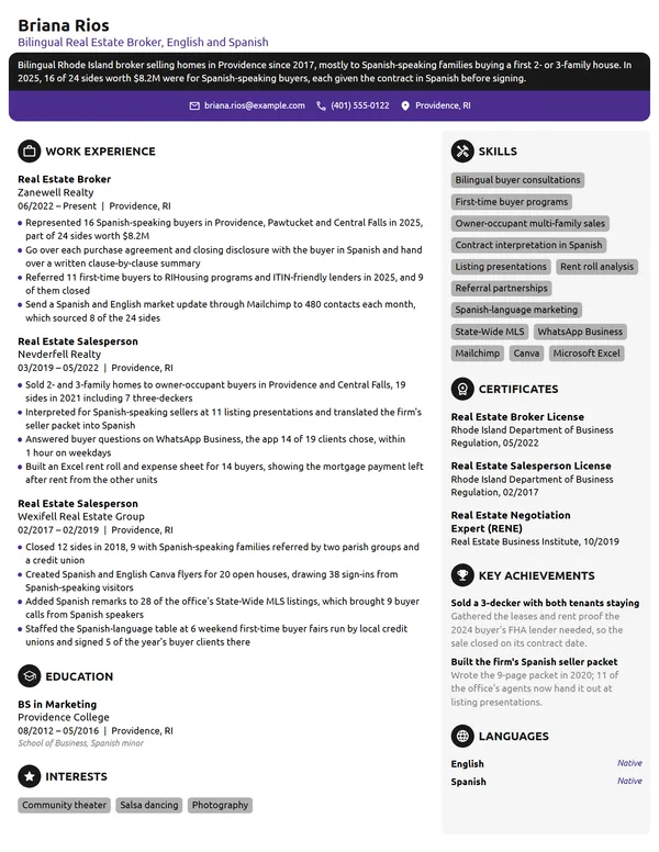 Bilingual Real Estate Broker resume example
