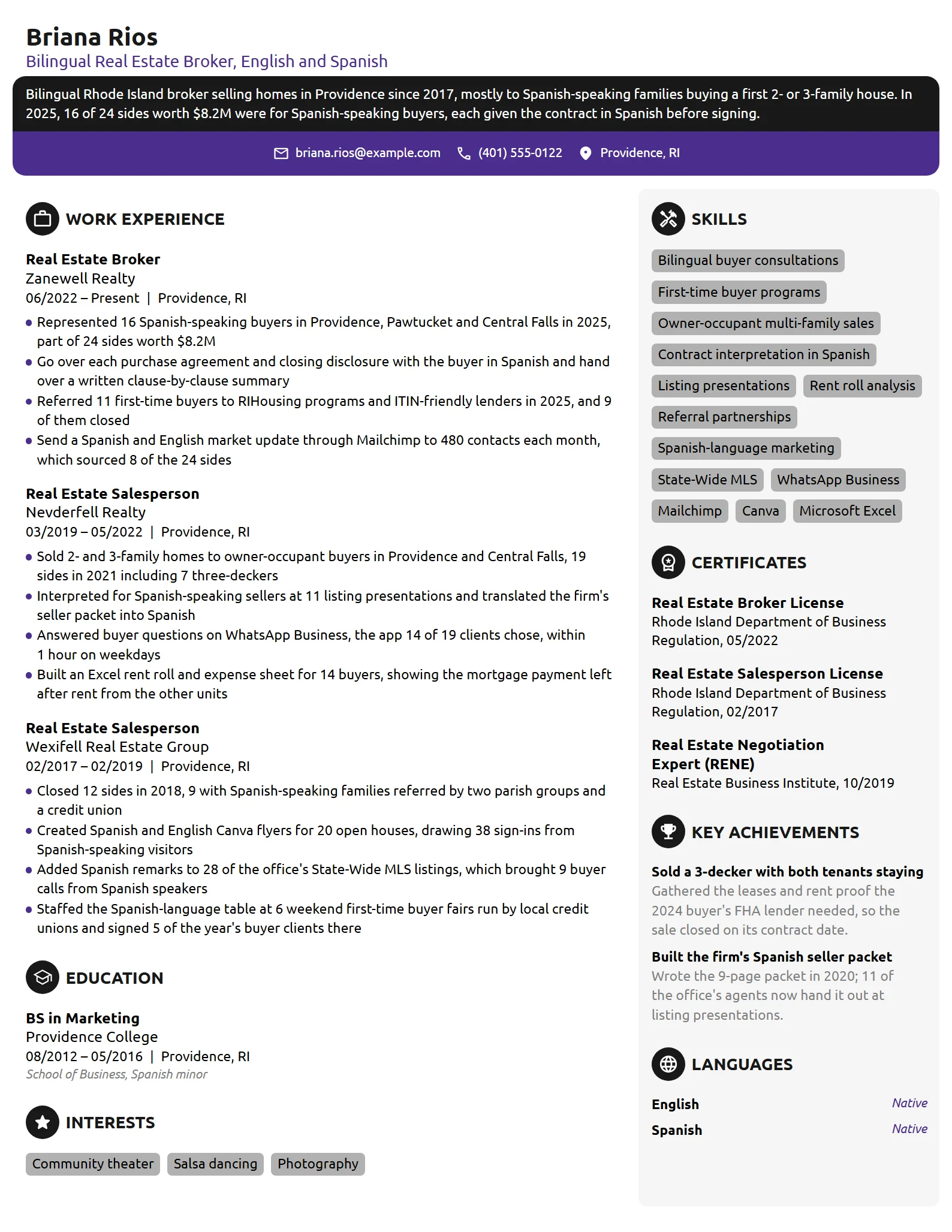 Bilingual Real Estate Broker resume example