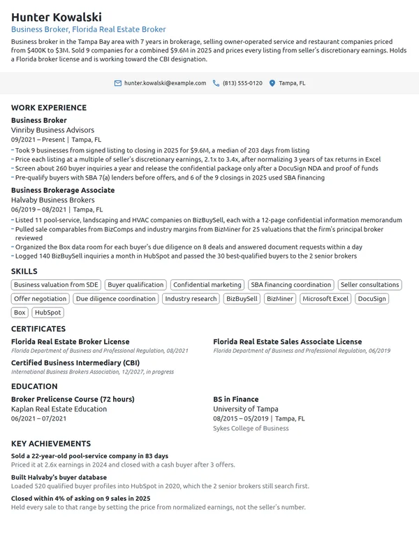 Business Broker resume example