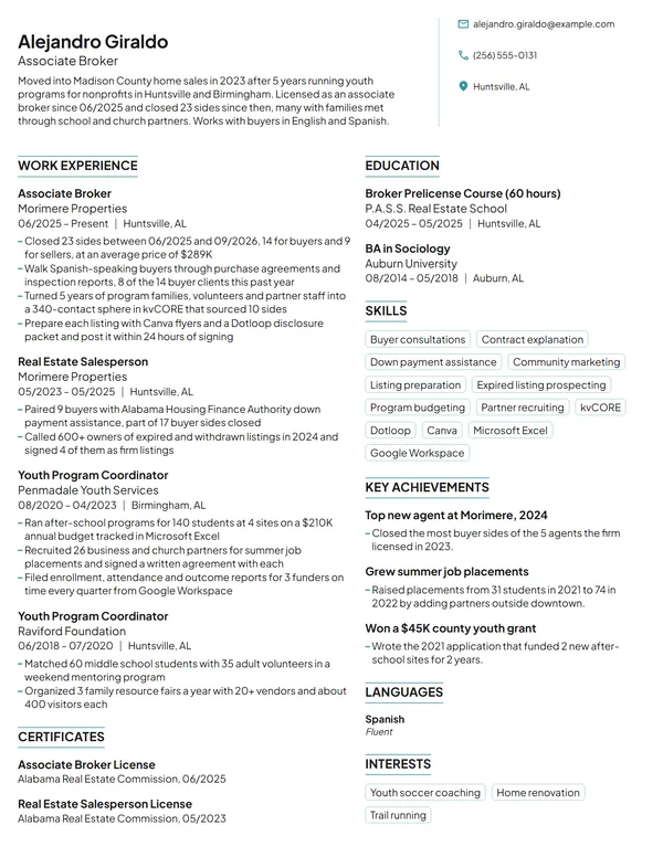 Career Change Real Estate Broker resume example