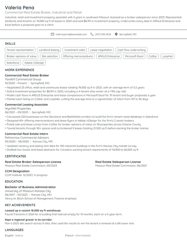 Commercial Real Estate Broker resume example