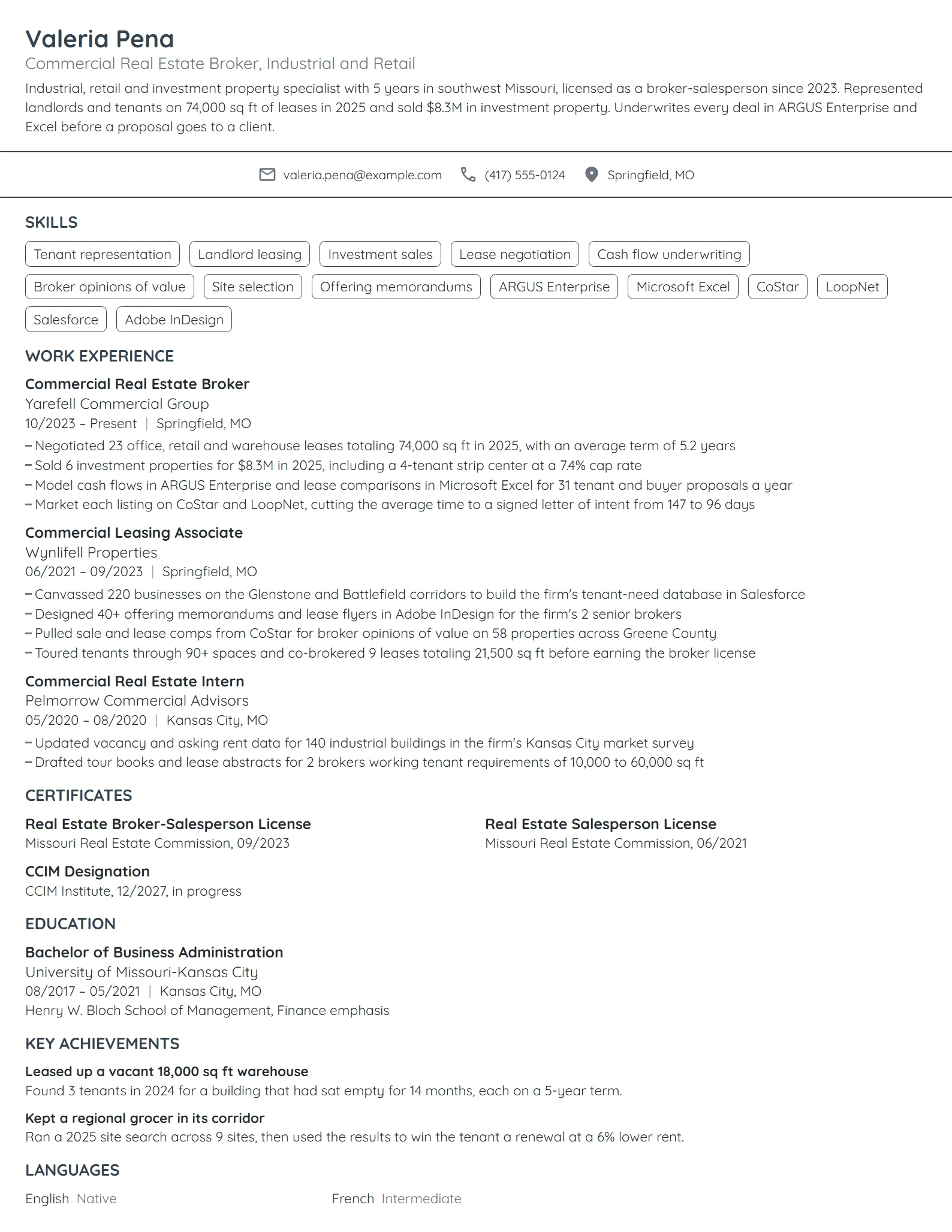 Commercial Real Estate Broker resume example