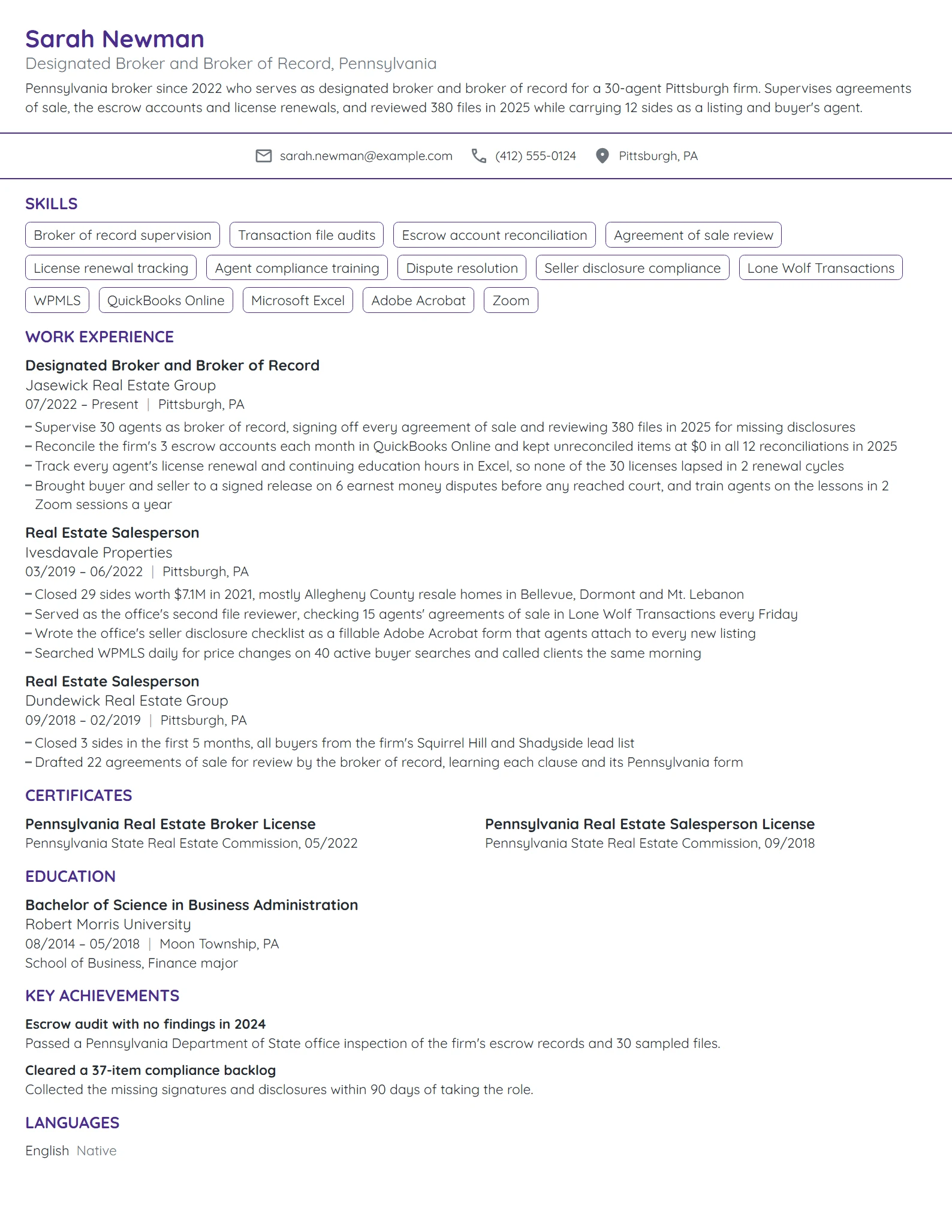 Designated Broker resume example