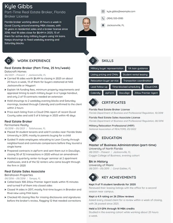 Part-Time Real Estate Broker resume example
