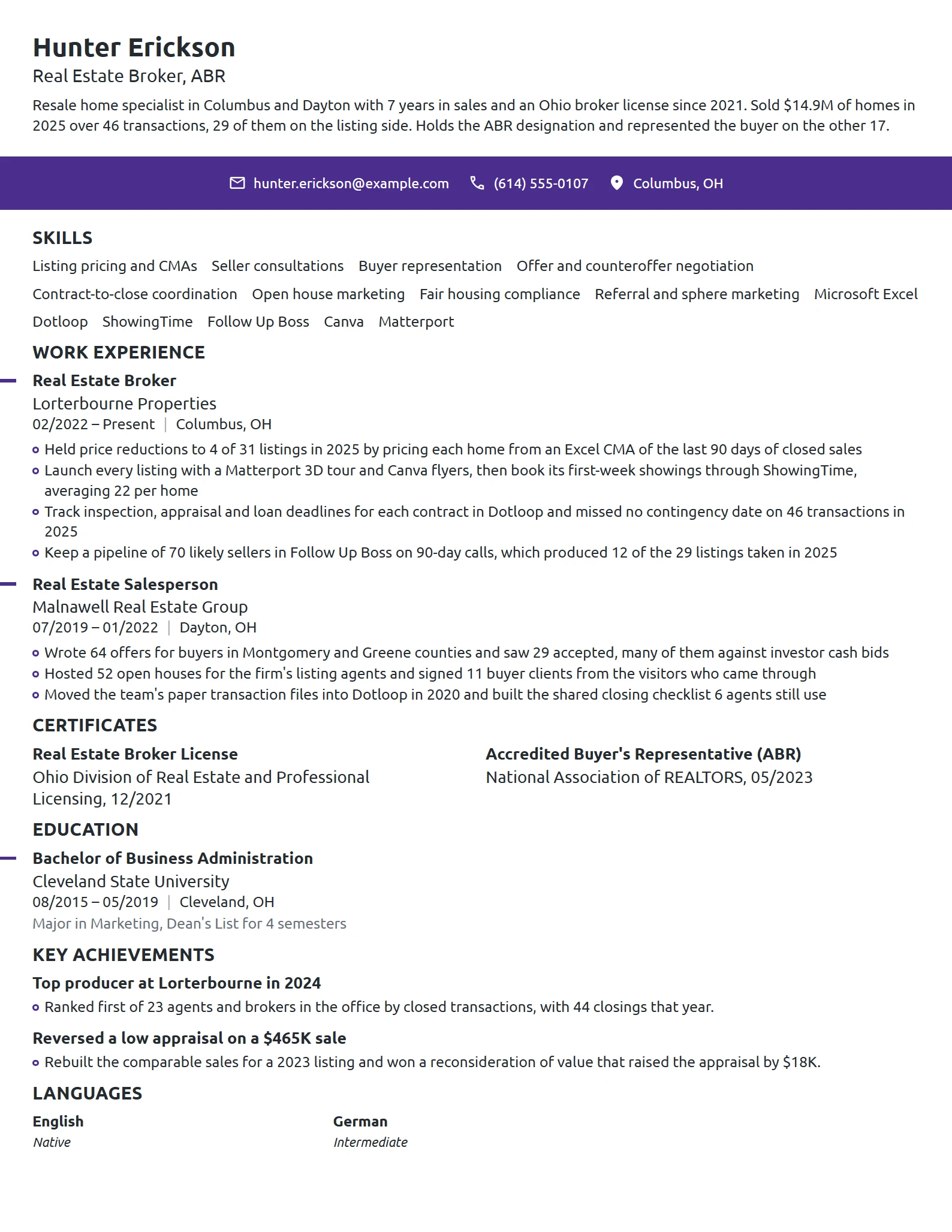 Real Estate Broker resume example