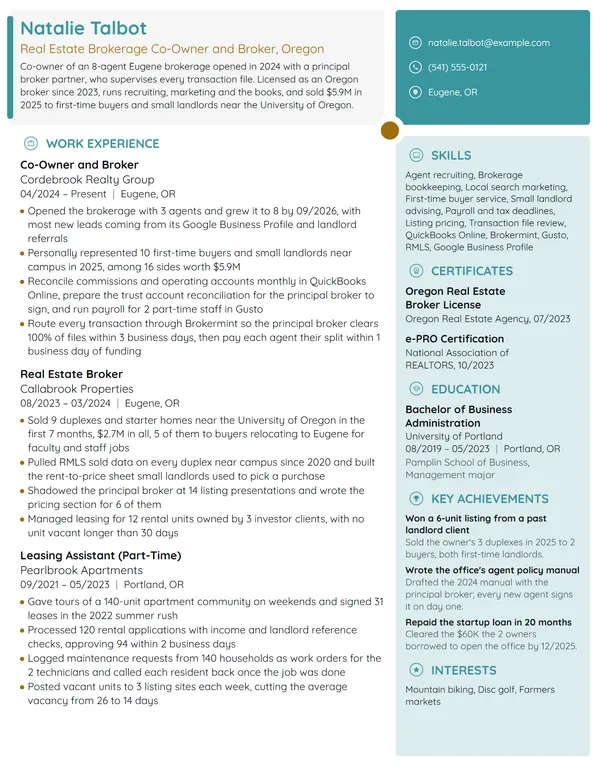 Real Estate Brokerage Owner resume example