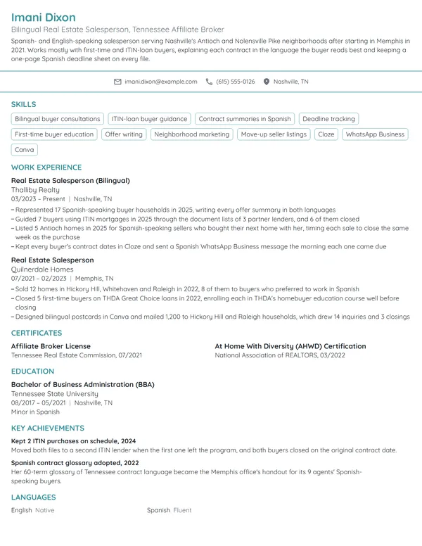 Bilingual Real Estate Salesperson resume example