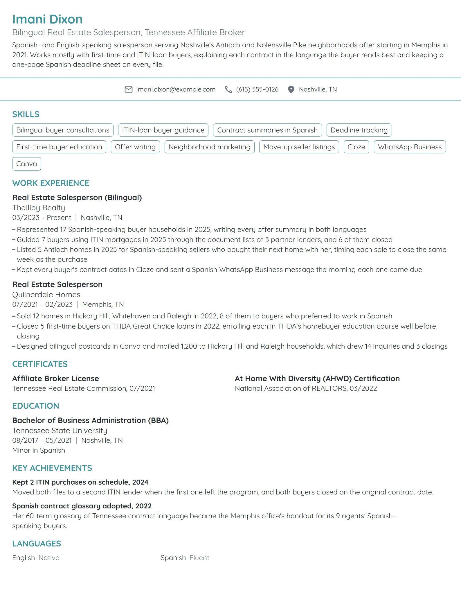 Bilingual Real Estate Salesperson resume example