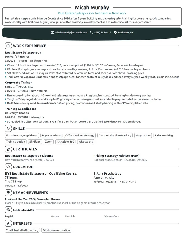 Career Change Real Estate Salesperson resume example