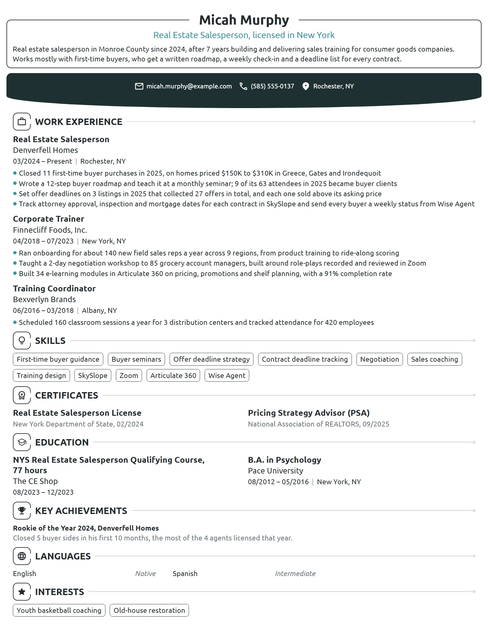 Career Change Real Estate Salesperson resume example