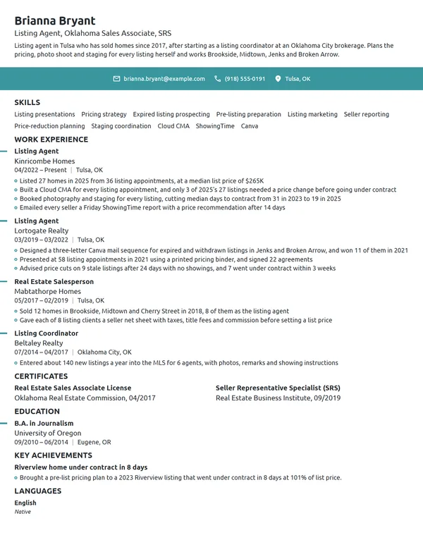 Listing Agent resume example