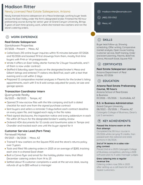 Newly Licensed Real Estate Salesperson resume example