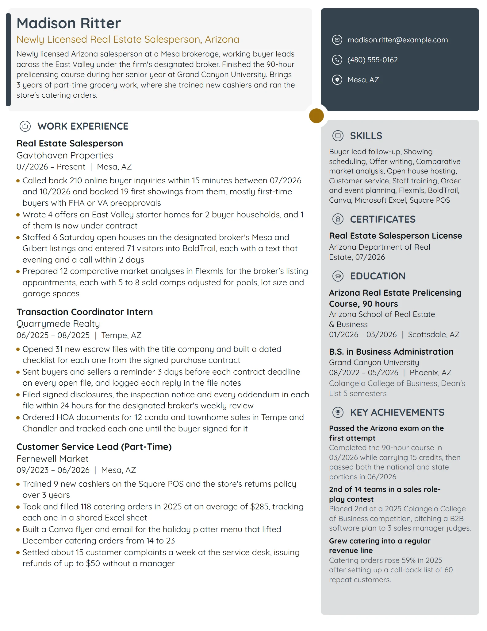 Newly Licensed Real Estate Salesperson resume example