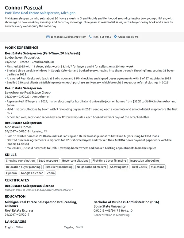 Part-Time Real Estate Salesperson resume example