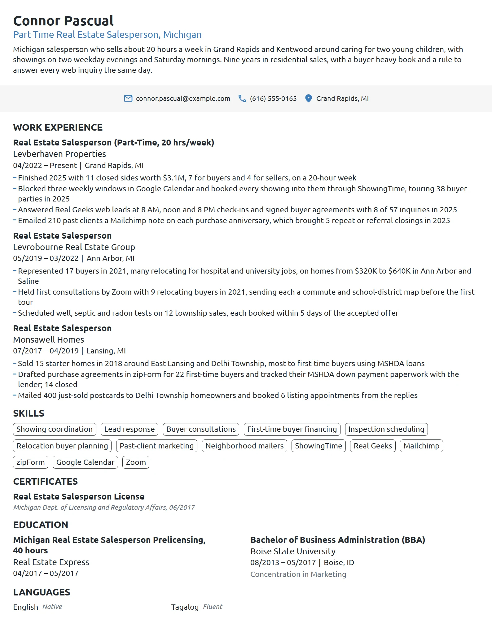 Part-Time Real Estate Salesperson resume example