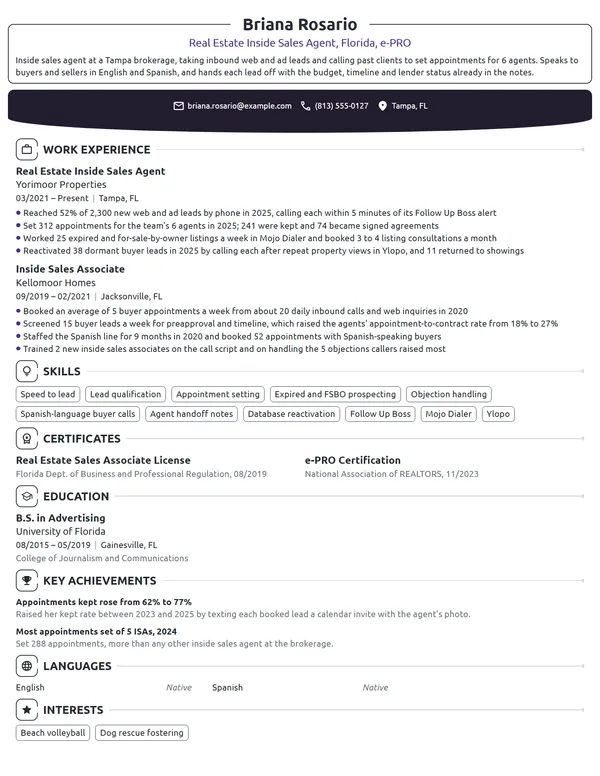 Real Estate Inside Sales Agent resume example