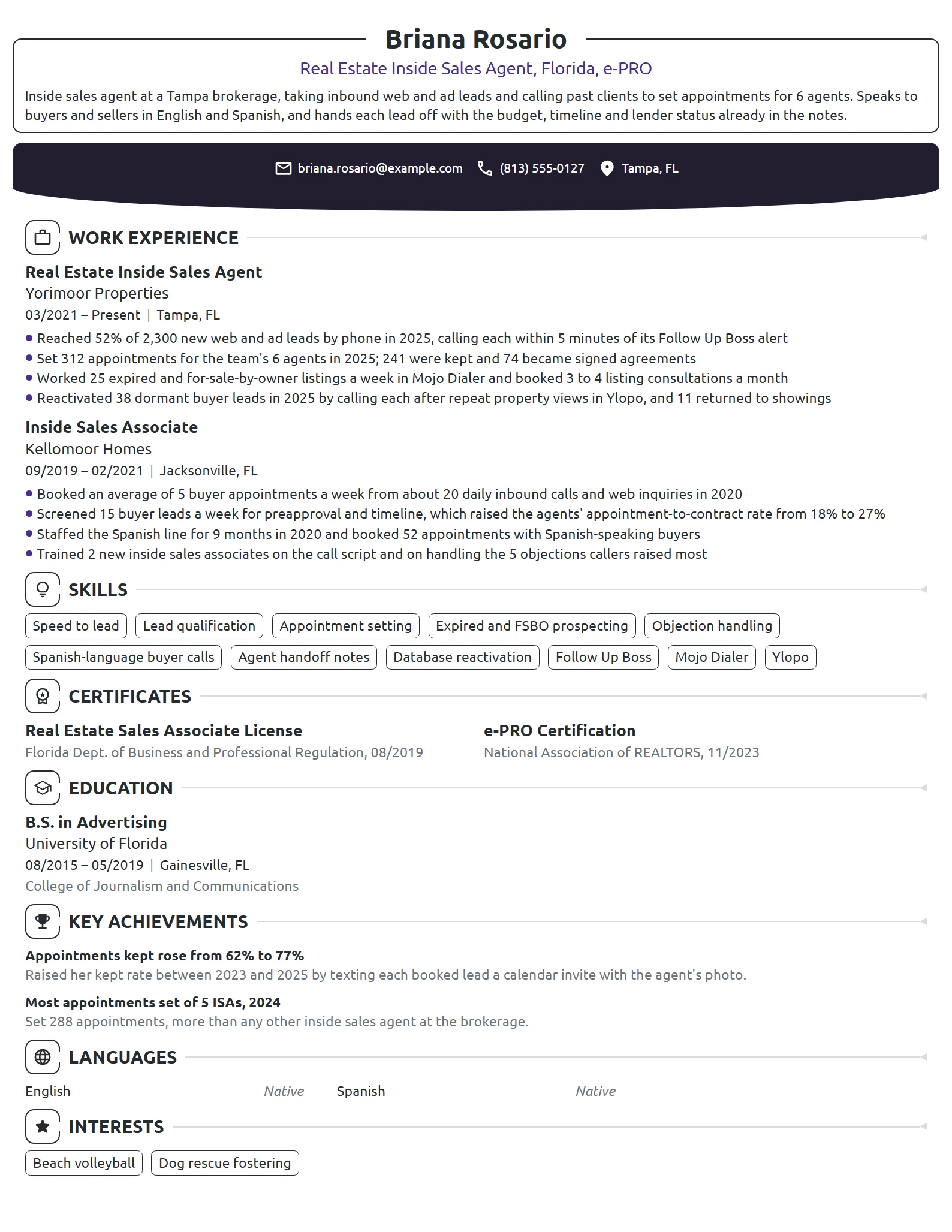Real Estate Inside Sales Agent resume example