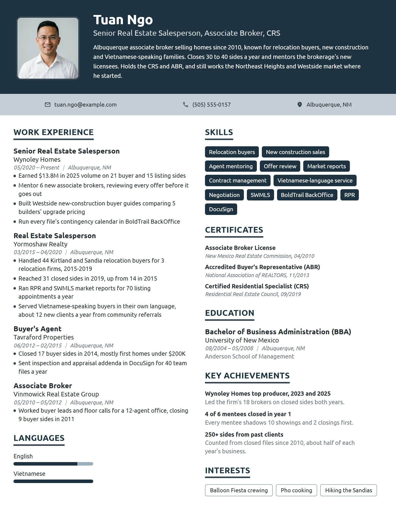Senior Real Estate Salesperson resume example