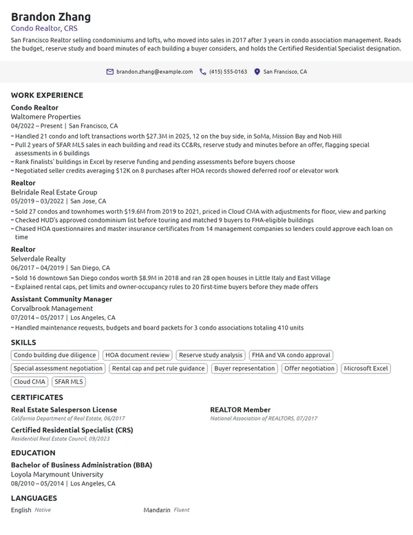 Condo Realtor resume example