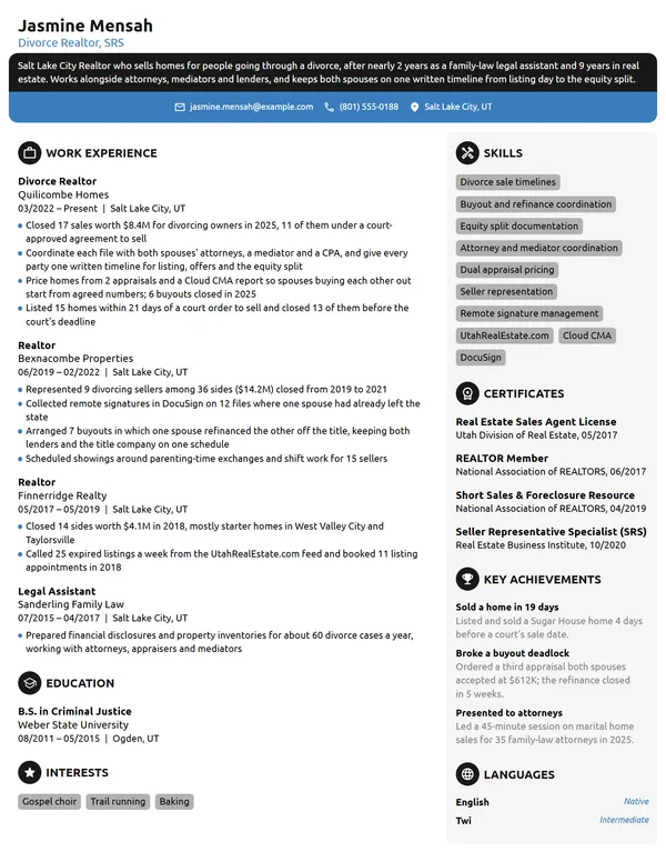 Divorce Realtor resume example