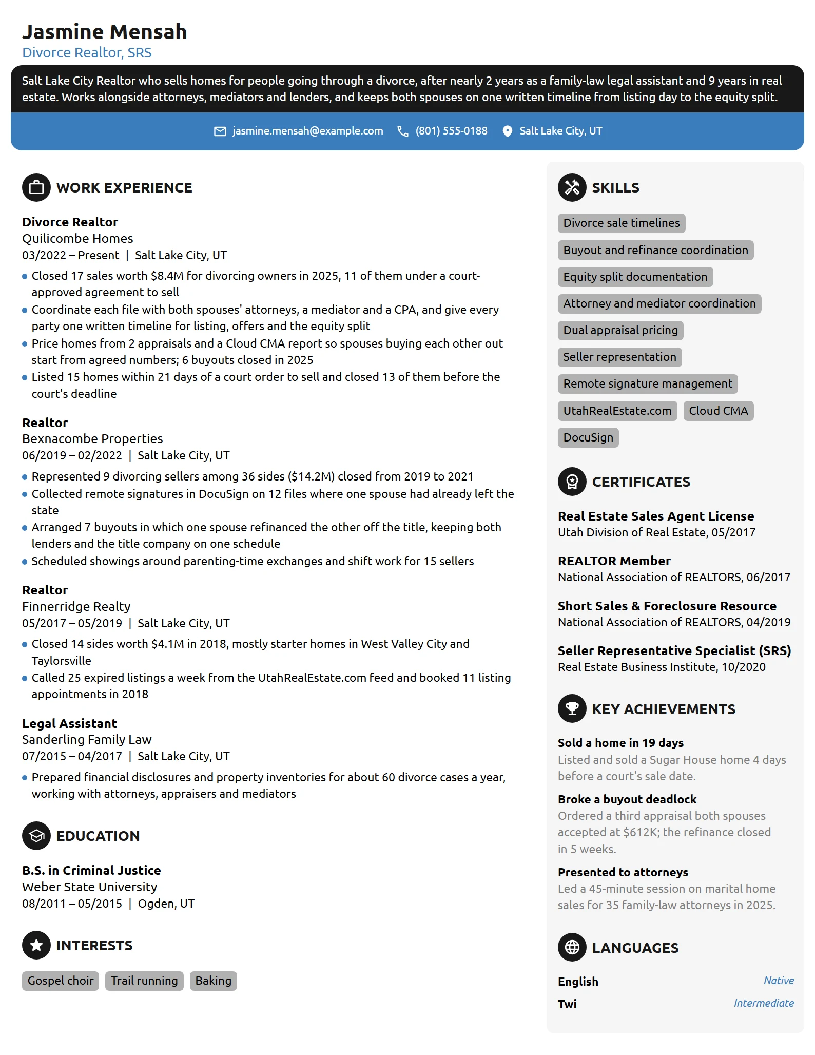 Divorce Realtor resume example