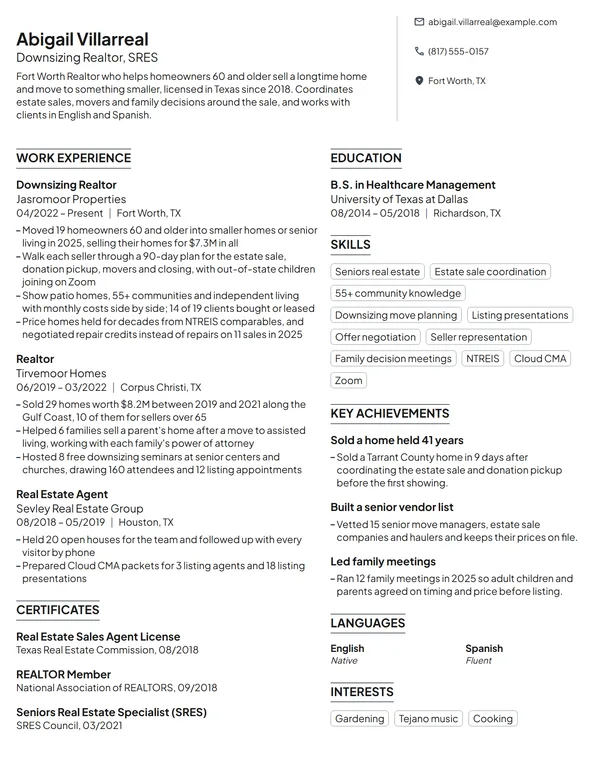 Downsizing Realtor resume example