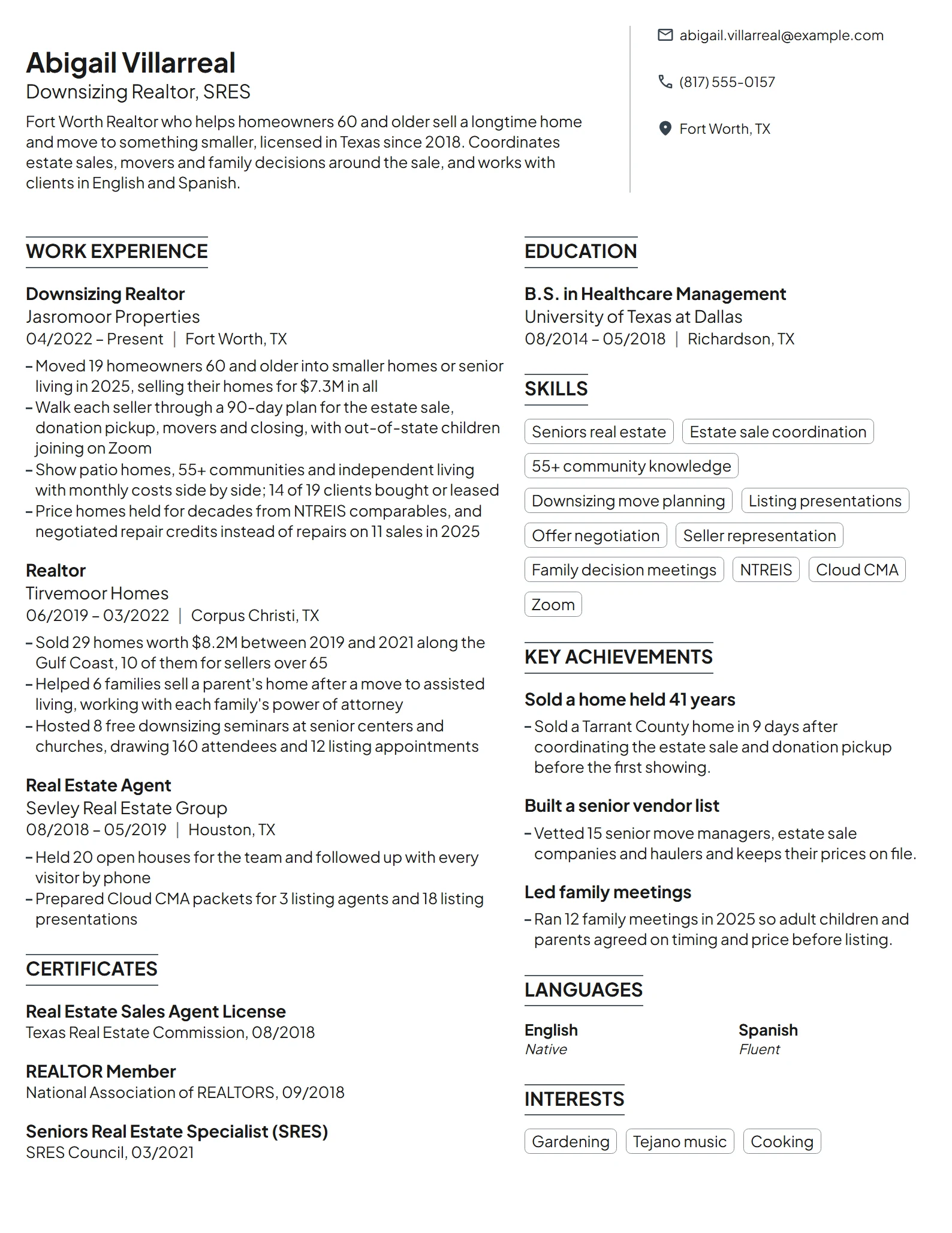 Downsizing Realtor resume example