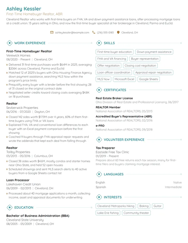 First-Time Homebuyer Realtor resume example