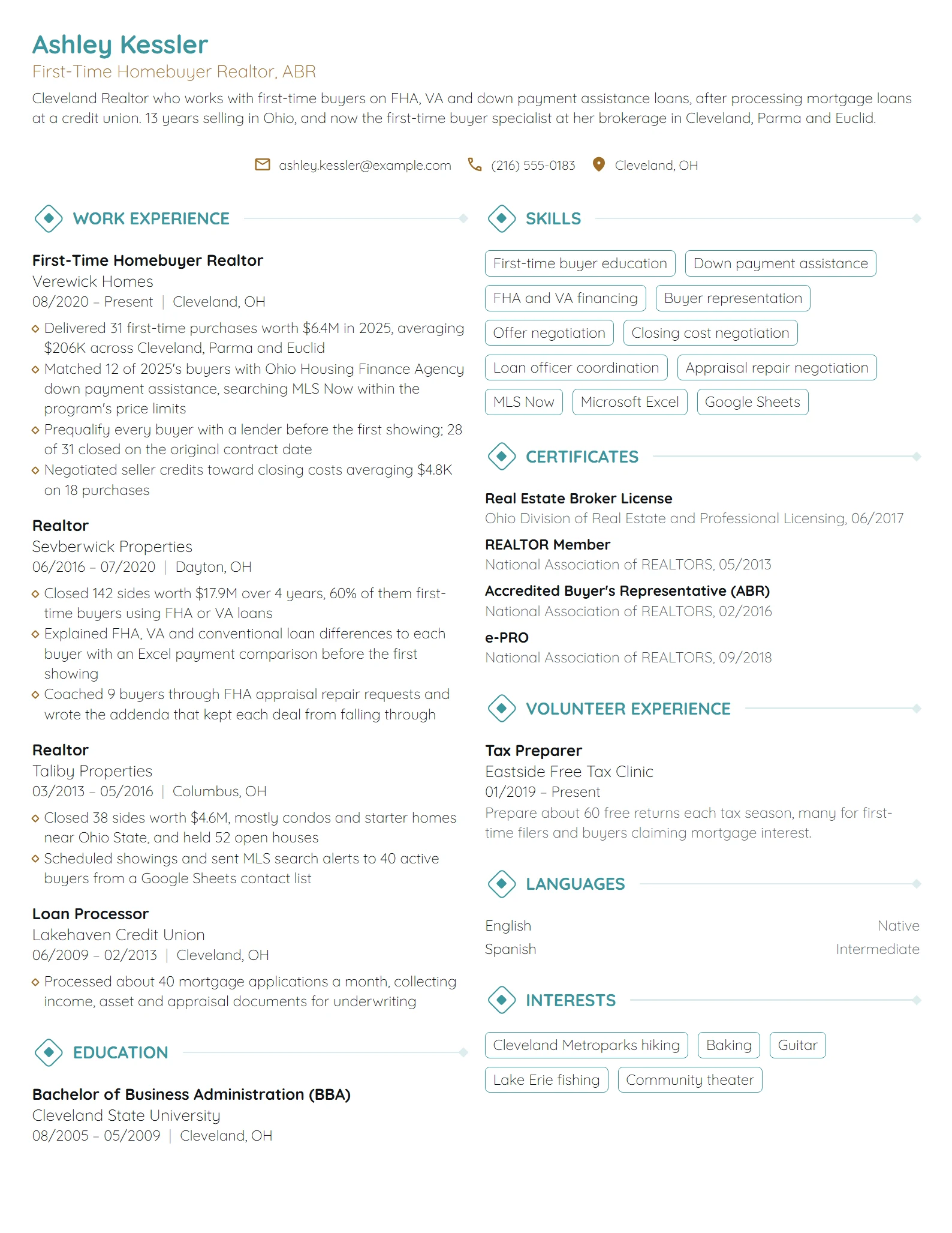 First-Time Homebuyer Realtor resume example