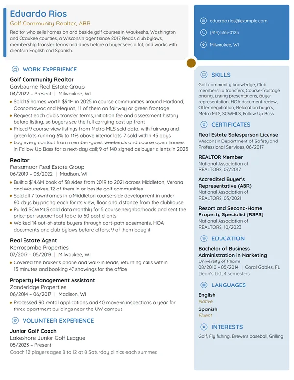 Golf Community Realtor resume example