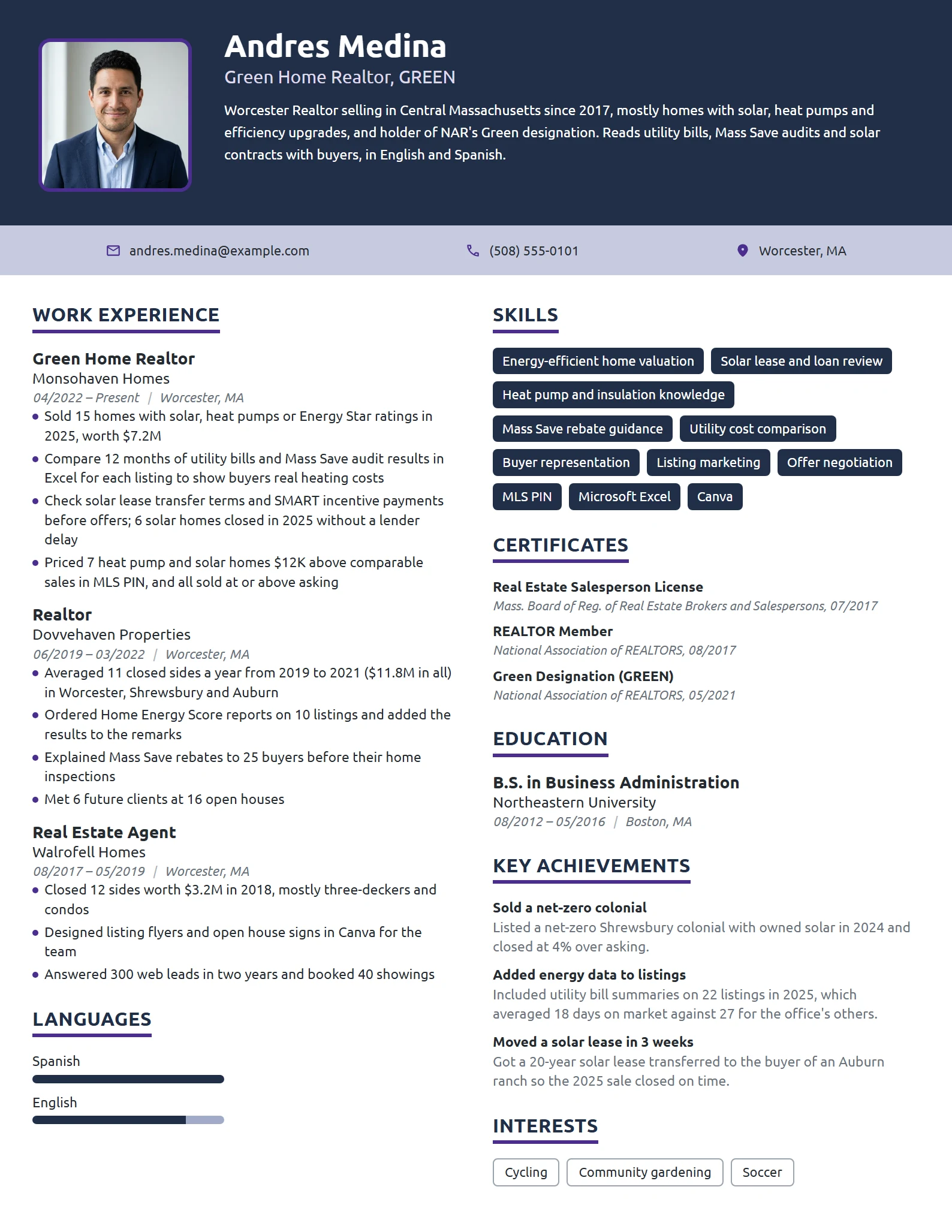 Green Home Realtor resume example