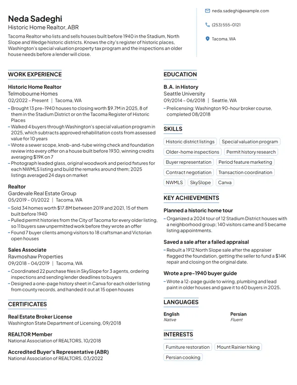Historic Home Realtor resume example