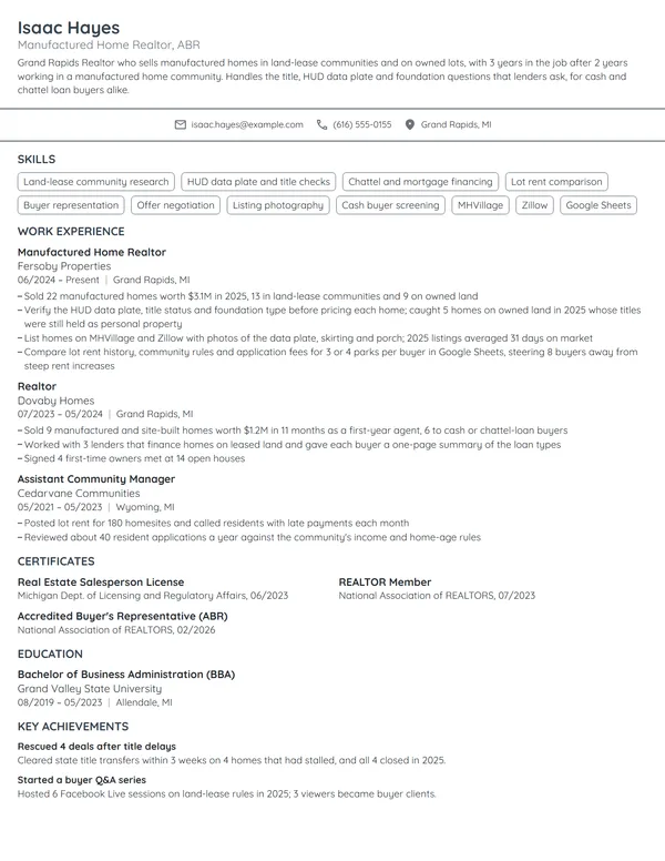 Manufactured Home Realtor resume example