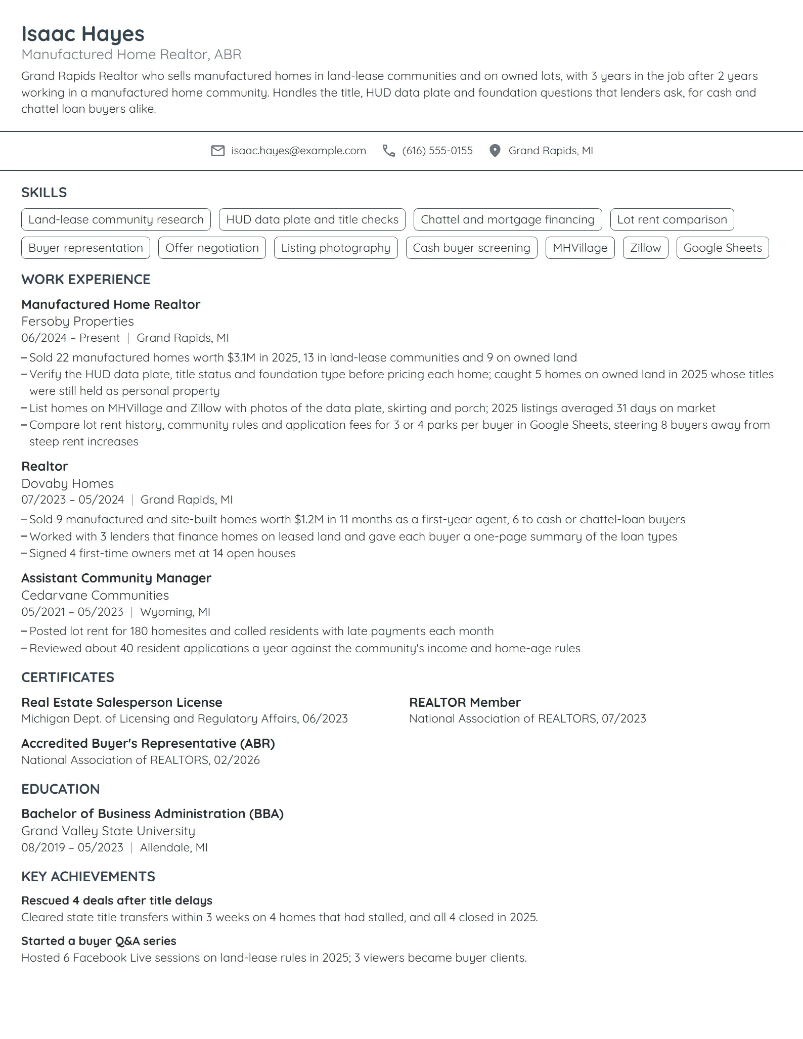 Manufactured Home Realtor resume example