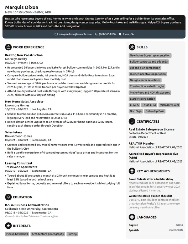 New Construction Realtor resume example