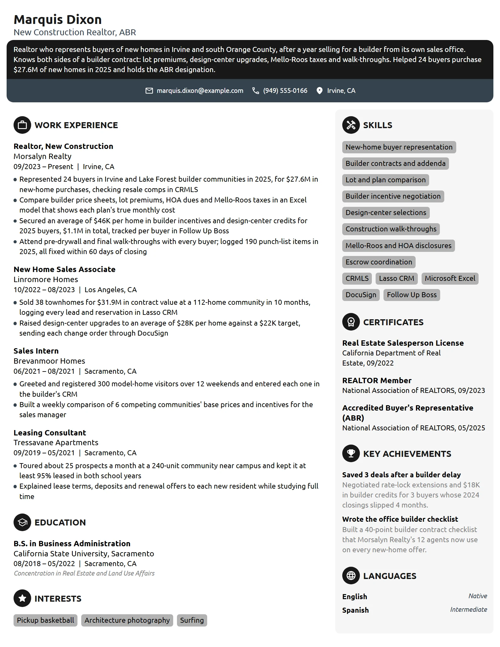 New Construction Realtor resume example