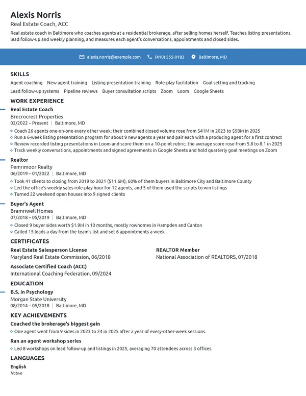 Real Estate Coach resume example