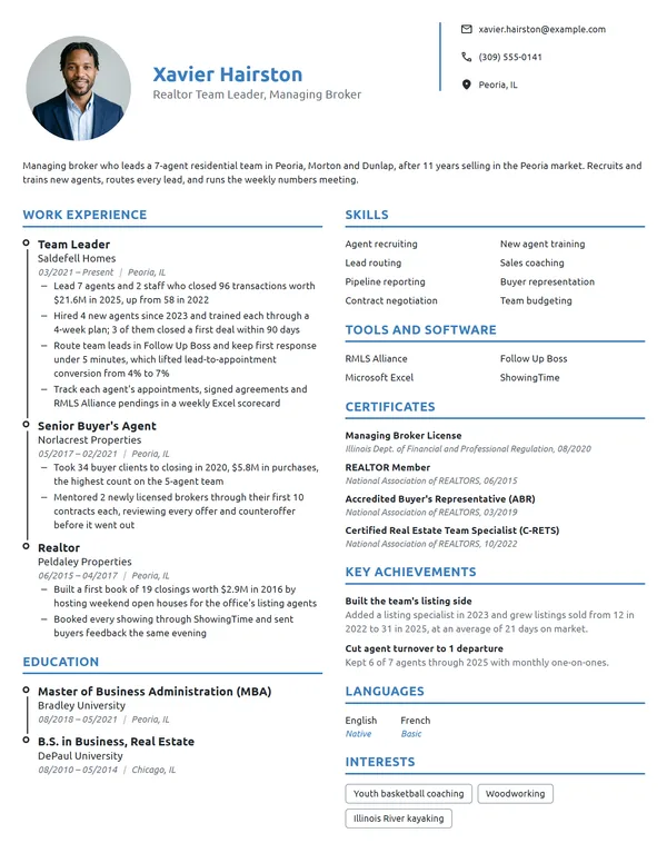 Realtor Team Leader resume example
