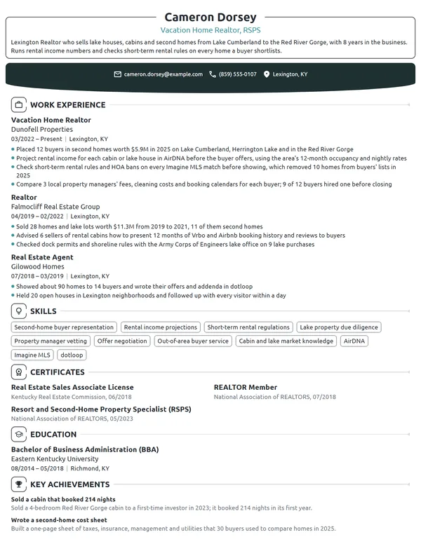 Vacation Home Realtor resume example