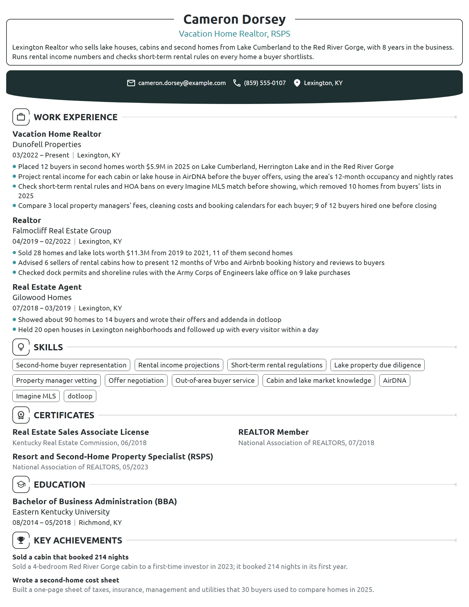 Vacation Home Realtor resume example