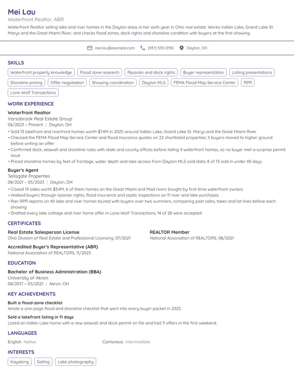 Waterfront Realtor resume example