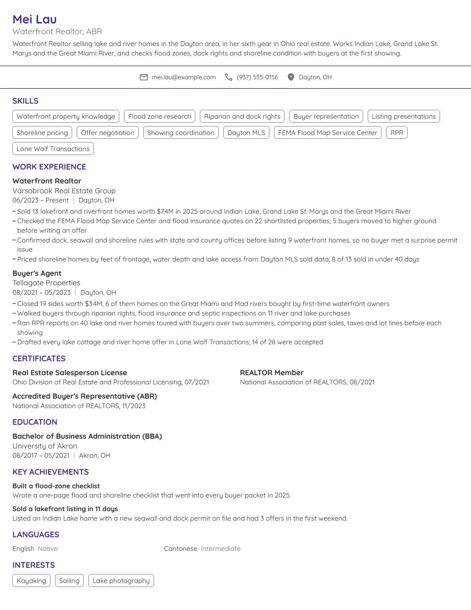 Waterfront Realtor resume example