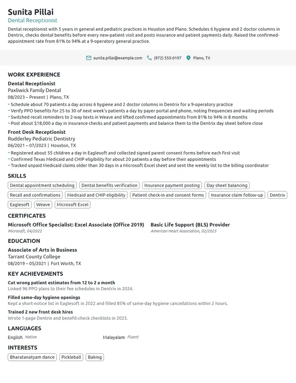 Dental Receptionist resume example
