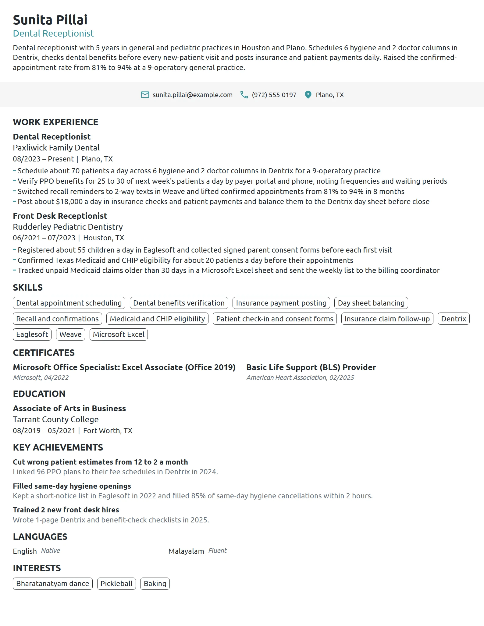 Dental Receptionist resume example