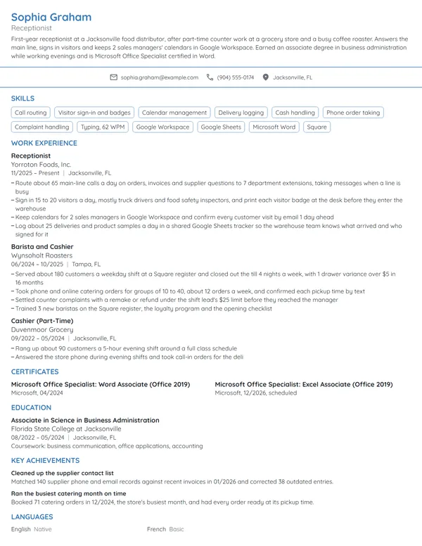 Entry-Level Receptionist resume example