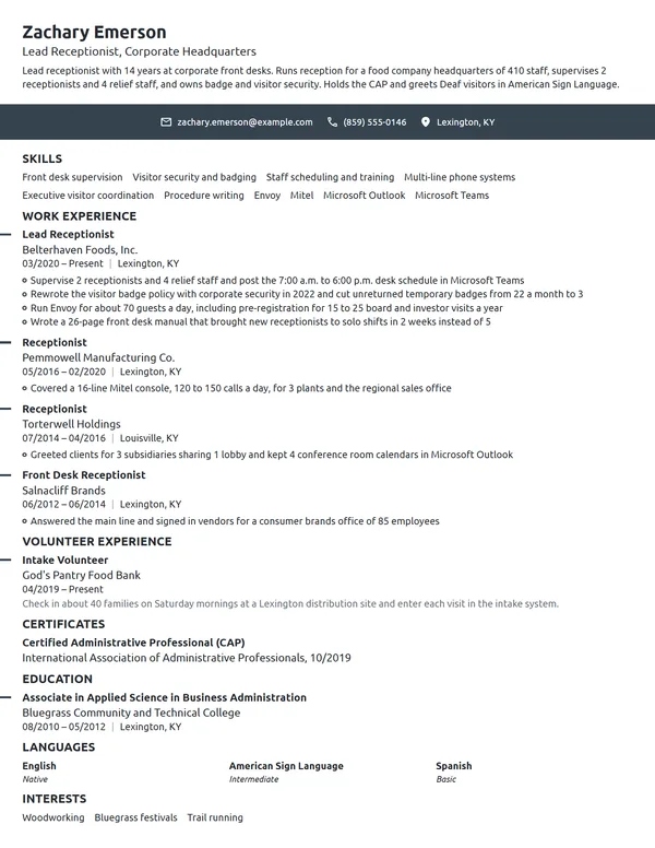 Experienced Receptionist resume example